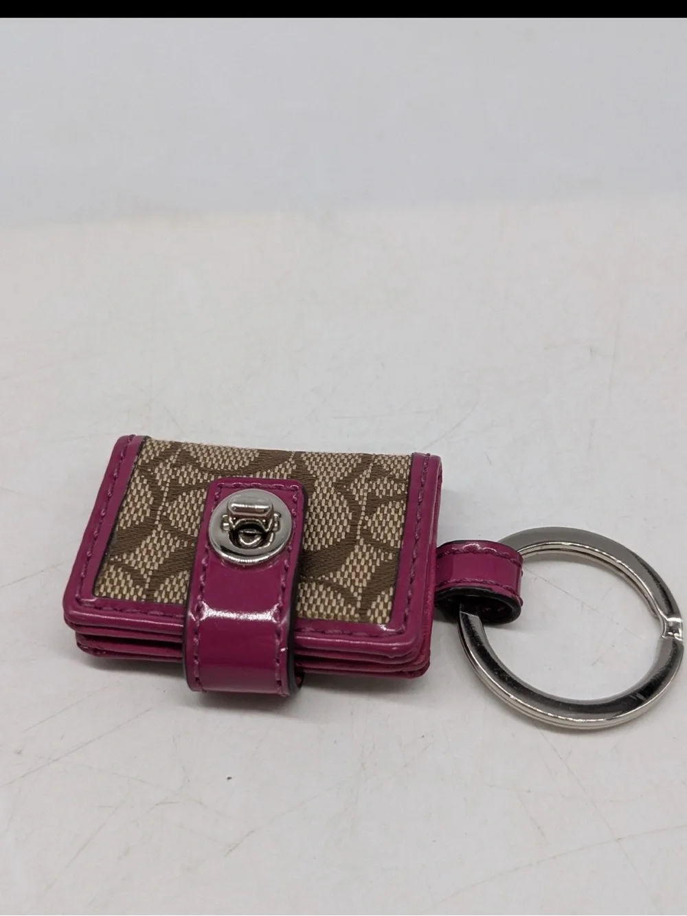 Coach Brown Signature Key chain photo locket with Pink Patent Trim